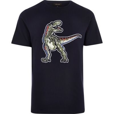 Navy blue dinosaur slim fit T-shirt